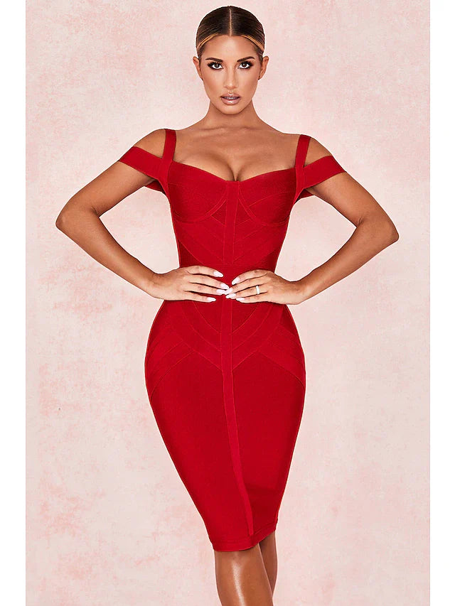 Cocktail Party Valentine's Day Dress Off Shoulder Sleeveless Knee Length Spandex with Sleek
