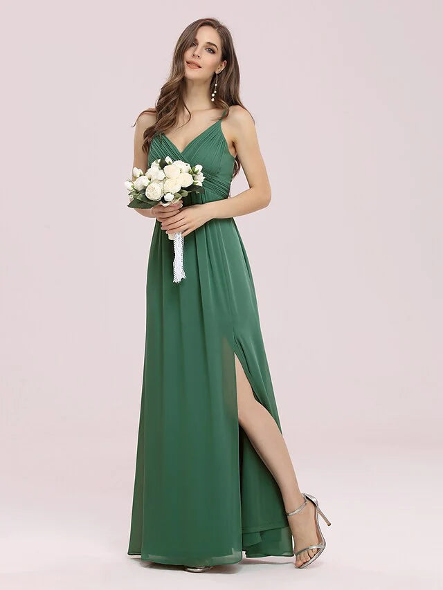 A-Line V Neck Floor Length Chiffon Bridesmaid Dress