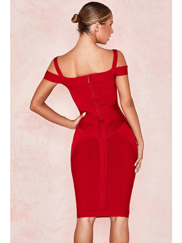 Cocktail Party Valentine's Day Dress Off Shoulder Sleeveless Knee Length Spandex with Sleek