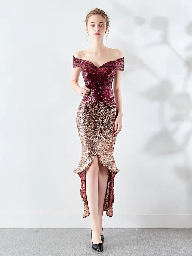 Cocktail Party Dress Off Shoulder Sleeveless Asymmetrical Sequined with Sequin