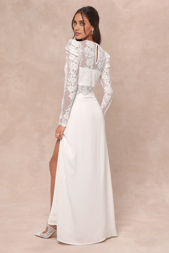 Xuewuba Wedding Dresses Heavenly Promise White Sheer Lace Two-Piece Maxi Dress Formal Women's Dresses
