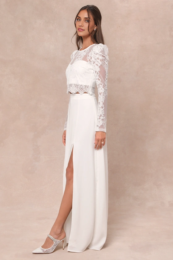 Xuewuba Wedding Dresses Heavenly Promise White Sheer Lace Two-Piece Maxi Dress Formal Women's Dresses