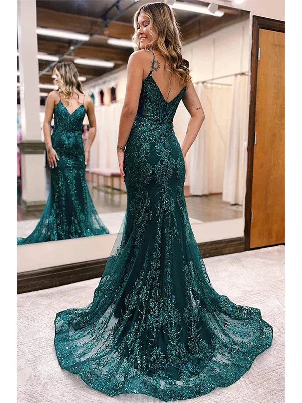 Luxury Mermaid/Trumpet Spaghetti Straps Sleeveless Sequins Sweep/Brush Train Prom Dress