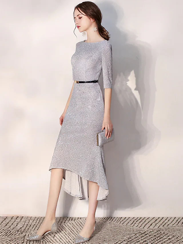 Cocktail Party Dress Jewel Neck Long Sleeve Tea Length Sequined with Sash Ribbon Sequin Ruffles