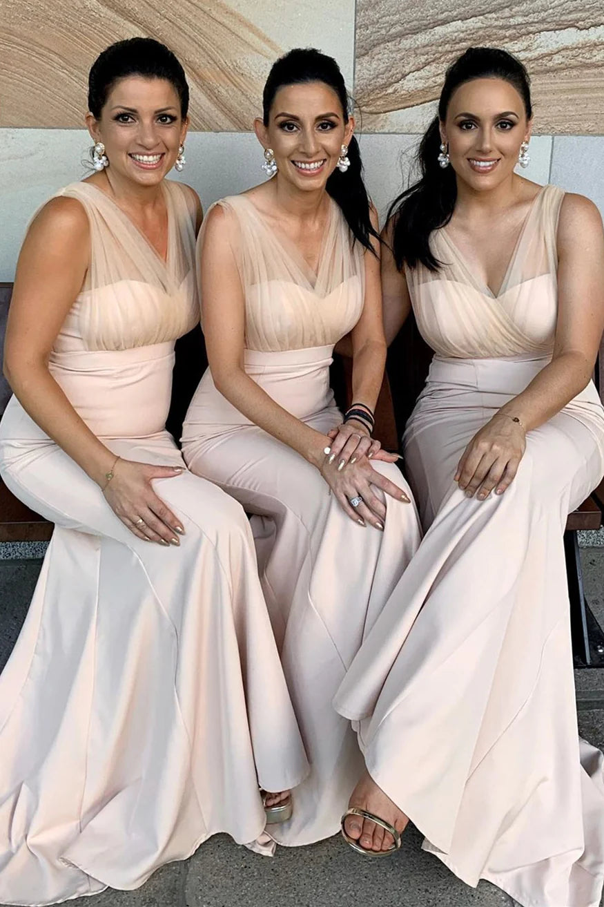 Mermaid V-Neck Nude Bridesmaid Dress/Dress Plus Size Formal