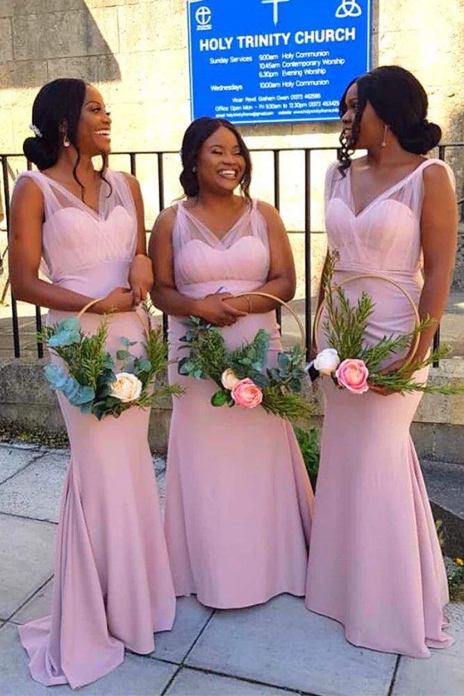Mermaid V-Neck Nude Bridesmaid Dress/Dress Plus Size Formal