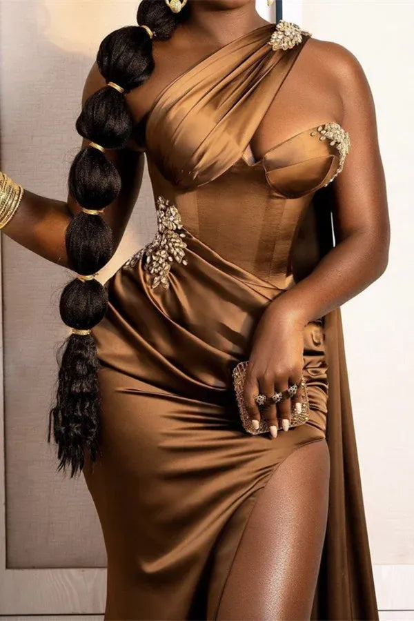 Modern Mermaid/Trumpet One-Shoulder Sleeveless Satin Sweep/Brush Train Prom Dress