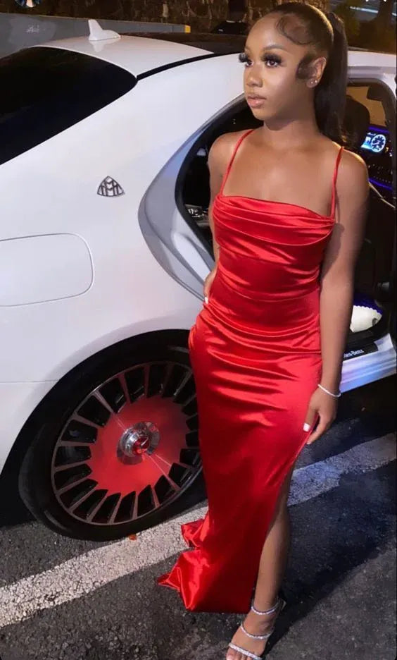 Modest Mermaid/Trumpet Spaghetti Strap Sleeveless Satin Floor-Length Prom Dress