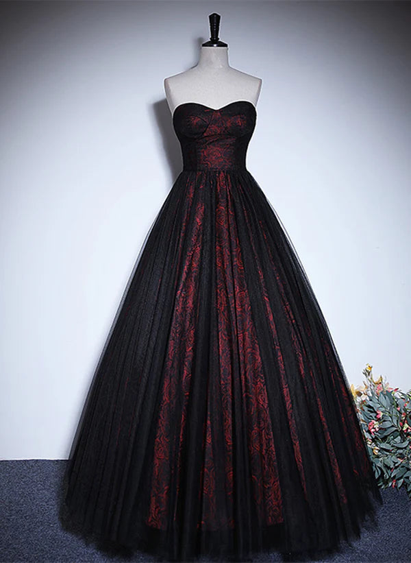 A-line Black and Red Lace Sweetheart Prom Dress