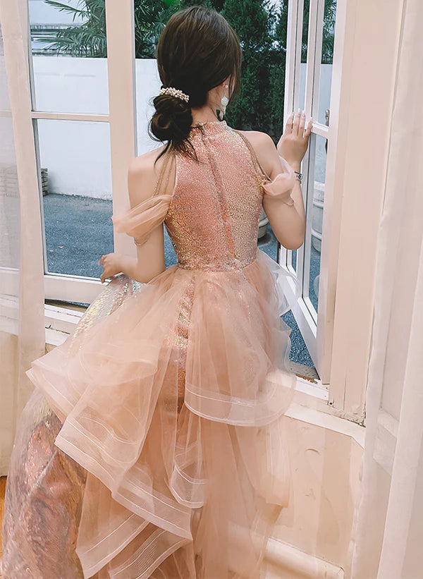 A-line Sequins and Tulle Pink Long Prom Dress