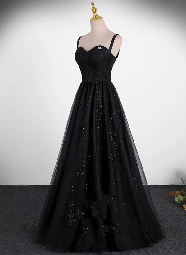 Black A-line Tulle Straps Simple Long Prom Dress