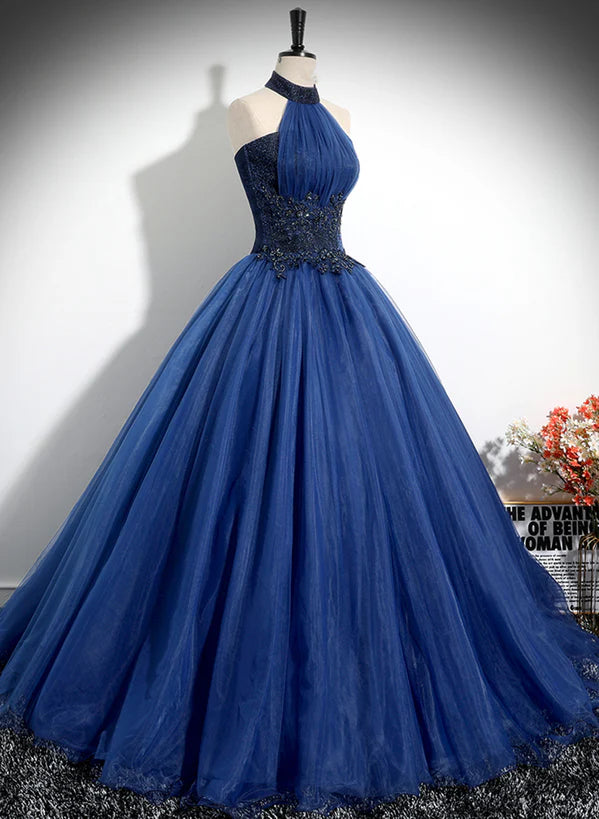 Dark Blue High Neckline Ball Gown Formal Dress