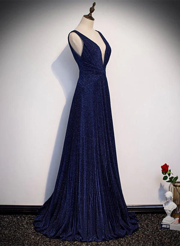 A-line Navy Blue V-neckline Long Party Prom Dress