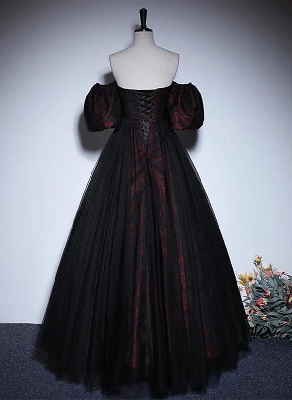 A-line Black and Red Lace Sweetheart Prom Dress