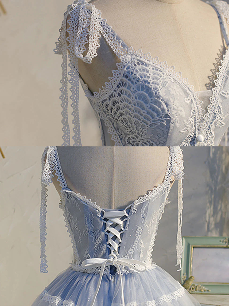 A line Lace v Neck Blue Homecoming Dresses
