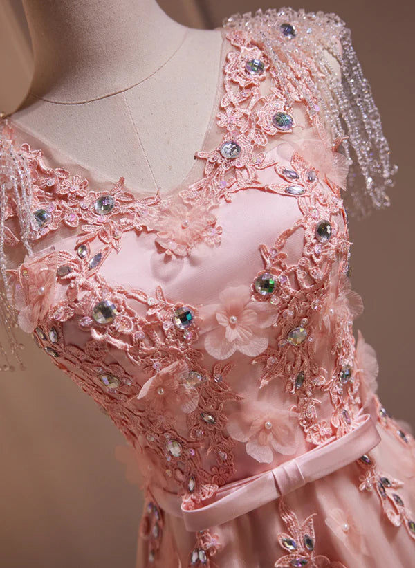 Pink V-neckline Tulle Beaded with Lace Applique Prom Dress