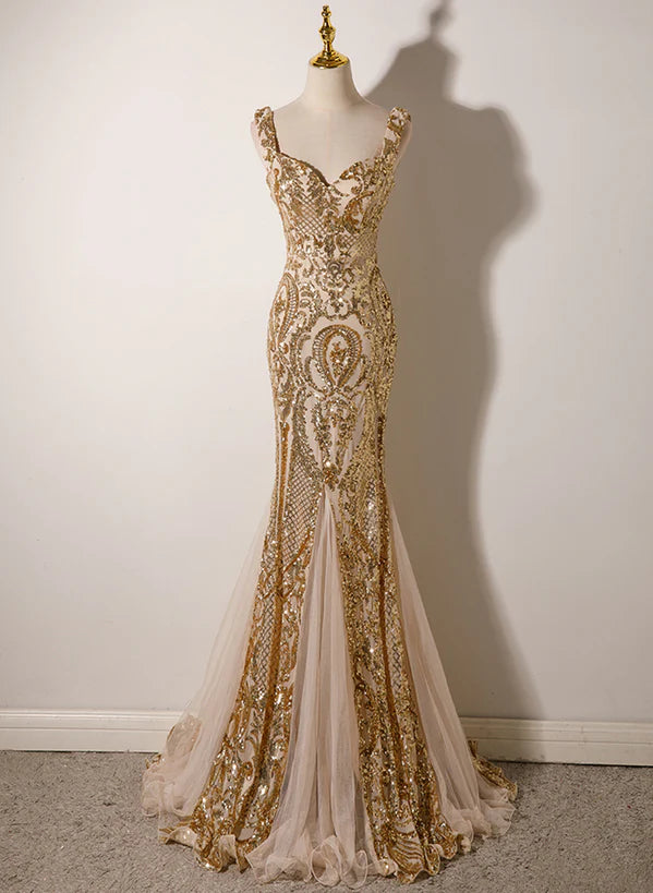 Champagne Mermaid Straps Long Evening Prom Dress