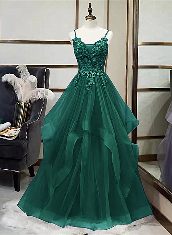 V-neckline Tulle with Lace Applique Prom Dress
