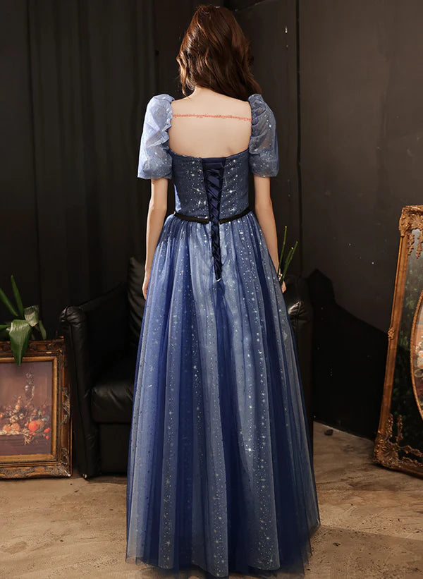 A-line Navy Blue Tulle Short Sleeves Long Party Prom Dress