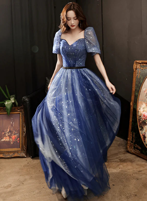 A-line Navy Blue Tulle Short Sleeves Long Party Prom Dress
