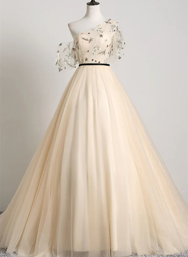 A-line Champagne One Shoulder Prom Dress