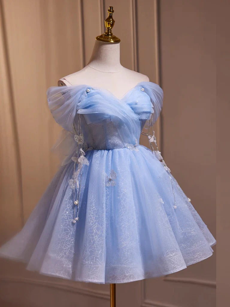 A-Line Off Shoulder Tulle Short Blue Homecoming Dresses