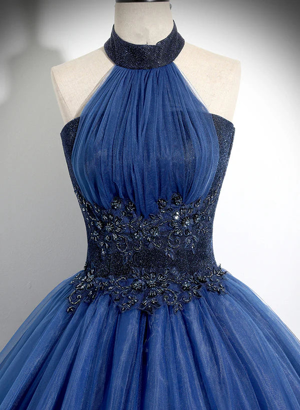 Dark Blue High Neckline Ball Gown Formal Dress