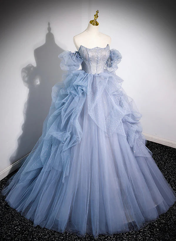 Blue Tulle Long Beaded Off Shoulder Prom Dress