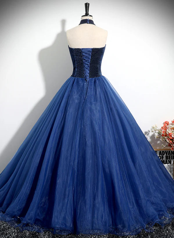 Dark Blue High Neckline Ball Gown Formal Dress