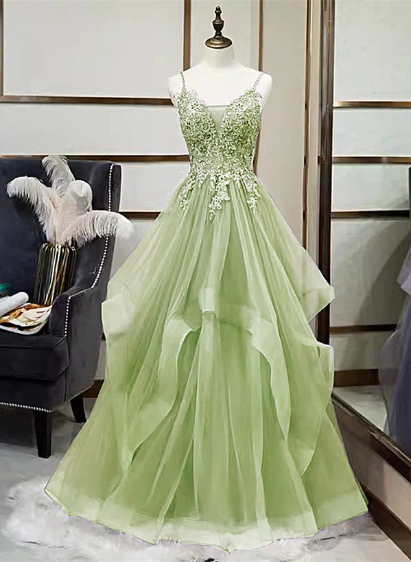 V-neckline Tulle with Lace Applique Prom Dress