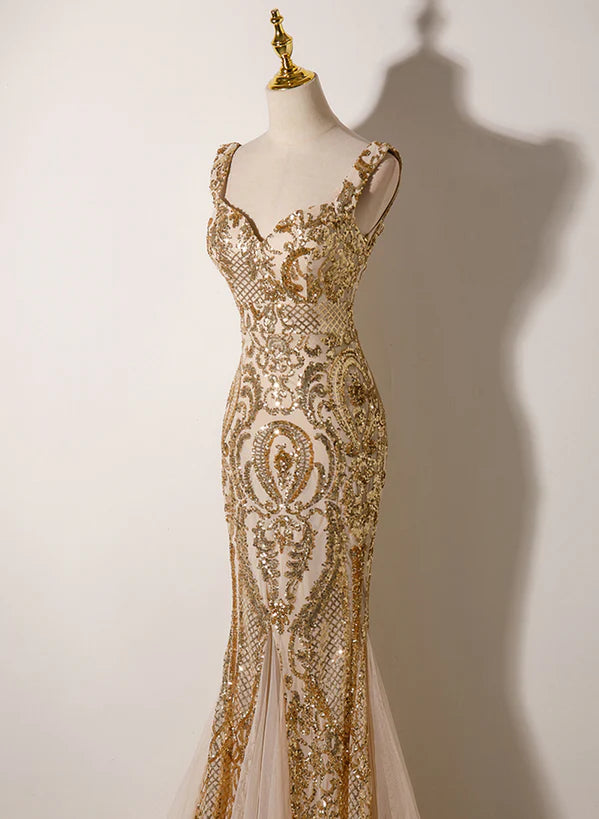 Champagne Mermaid Straps Long Evening Prom Dress