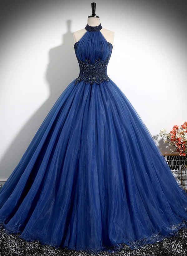 Dark Blue High Neckline Ball Gown Formal Dress