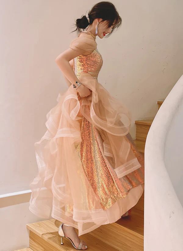 A-line Sequins and Tulle Pink Long Prom Dress