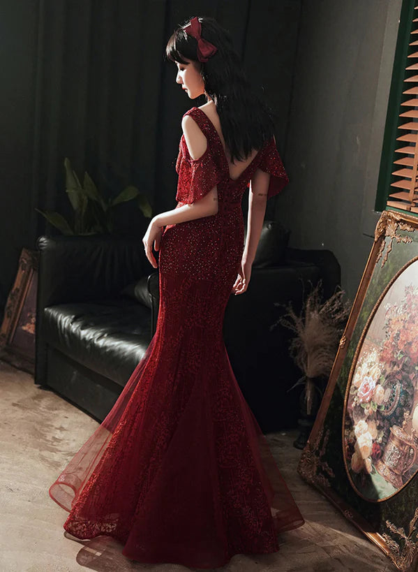 Wine Red Mermaid Tulle Beaded V-neckline Prom Dress