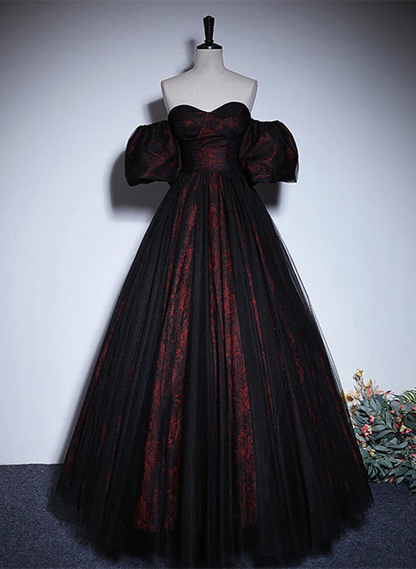 A-line Black and Red Lace Sweetheart Prom Dress