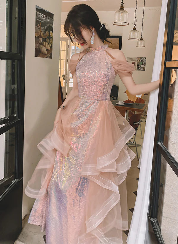 A-line Sequins and Tulle Pink Long Prom Dress