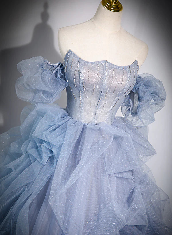Blue Tulle Long Beaded Off Shoulder Prom Dress