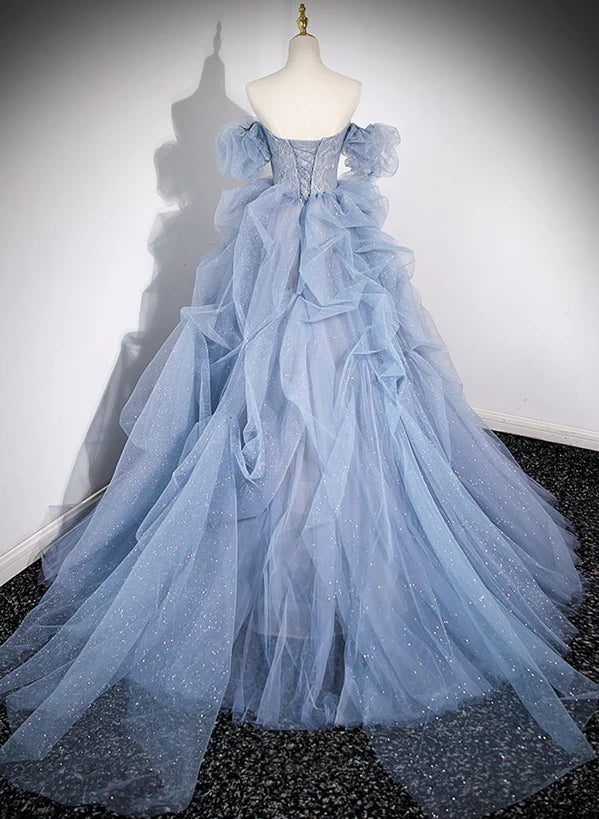 Blue Tulle Long Beaded Off Shoulder Prom Dress