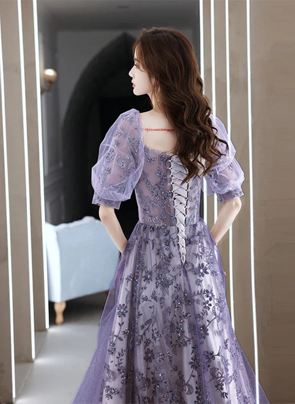 Purple Short Sleeves Tulle Sweetheart Party Prom Dress