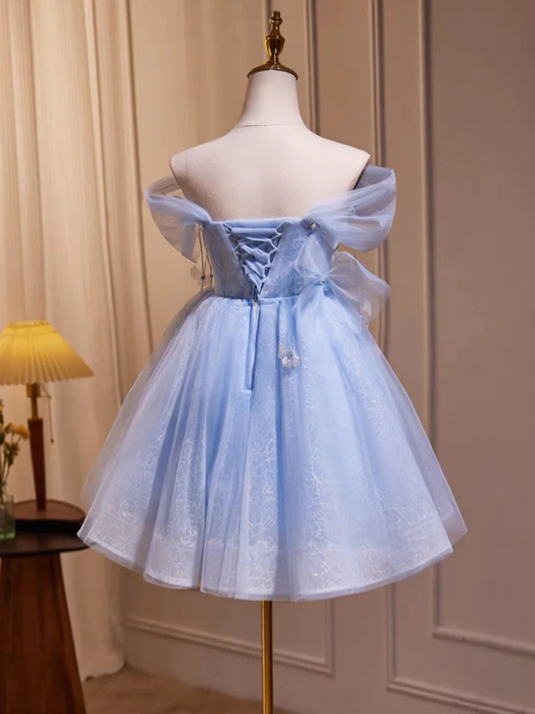 A-Line Off Shoulder Tulle Short Blue Homecoming Dresses