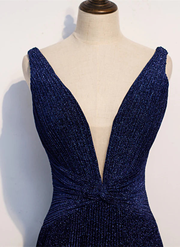 A-line Navy Blue V-neckline Long Party Prom Dress