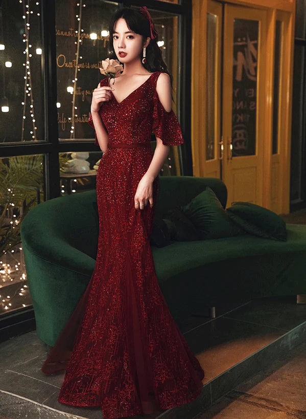 Wine Red Mermaid Tulle Beaded V-neckline Prom Dress