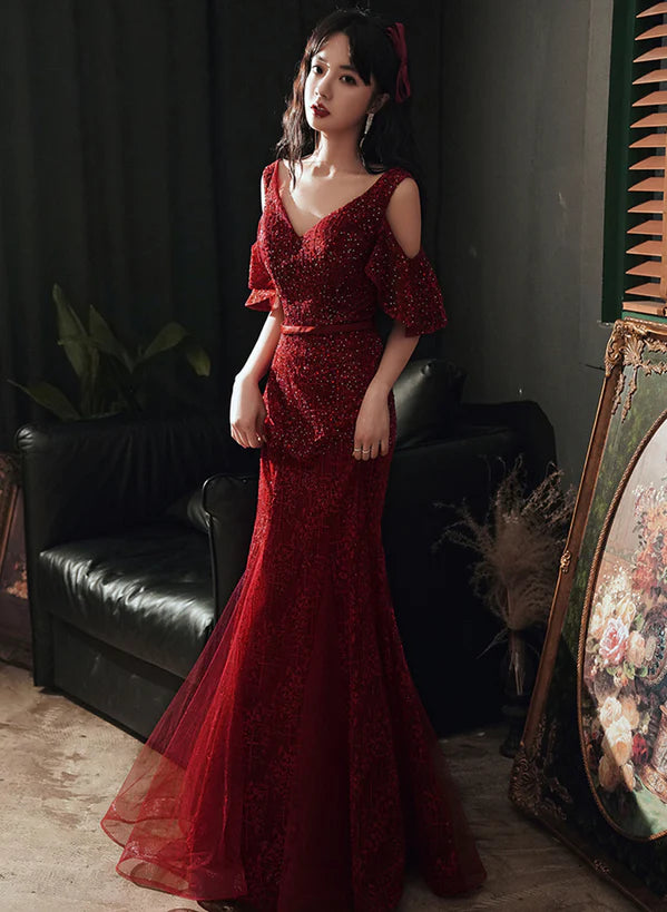 Wine Red Mermaid Tulle Beaded V-neckline Prom Dress
