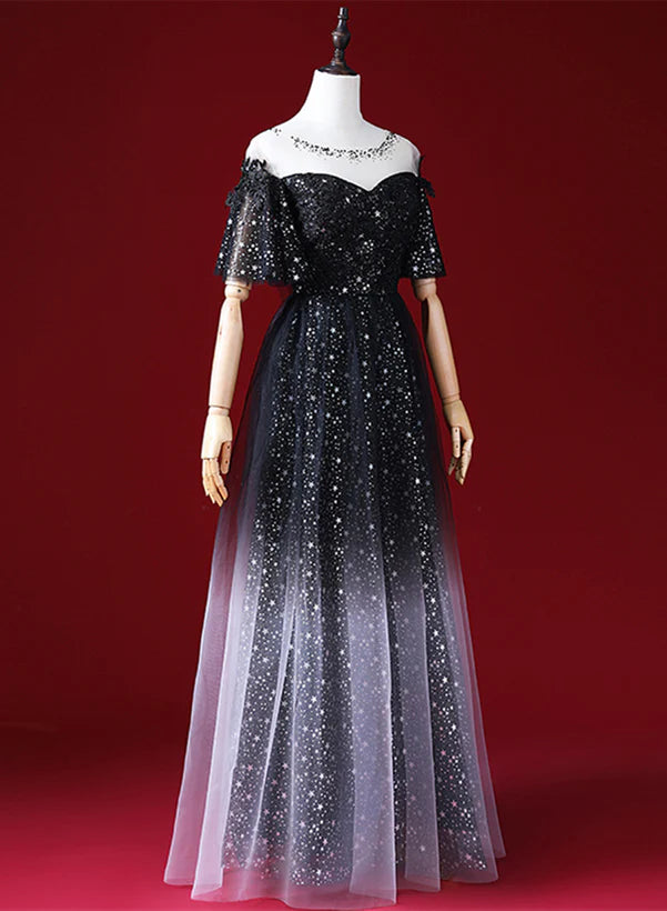 Black A-line Gradient Tulle Short Sleeves Prom Dress