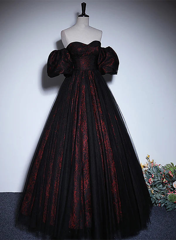 A-line Black and Red Lace Sweetheart Prom Dress