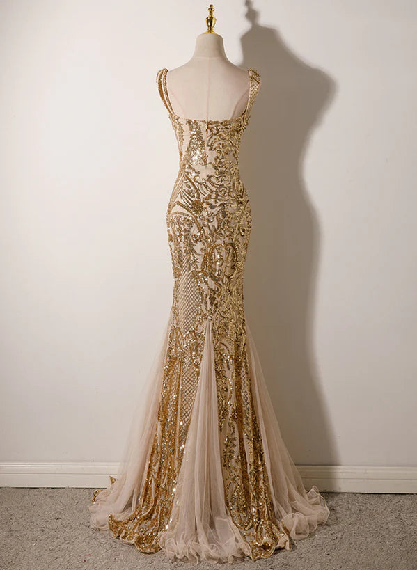 Champagne Mermaid Straps Long Evening Prom Dress