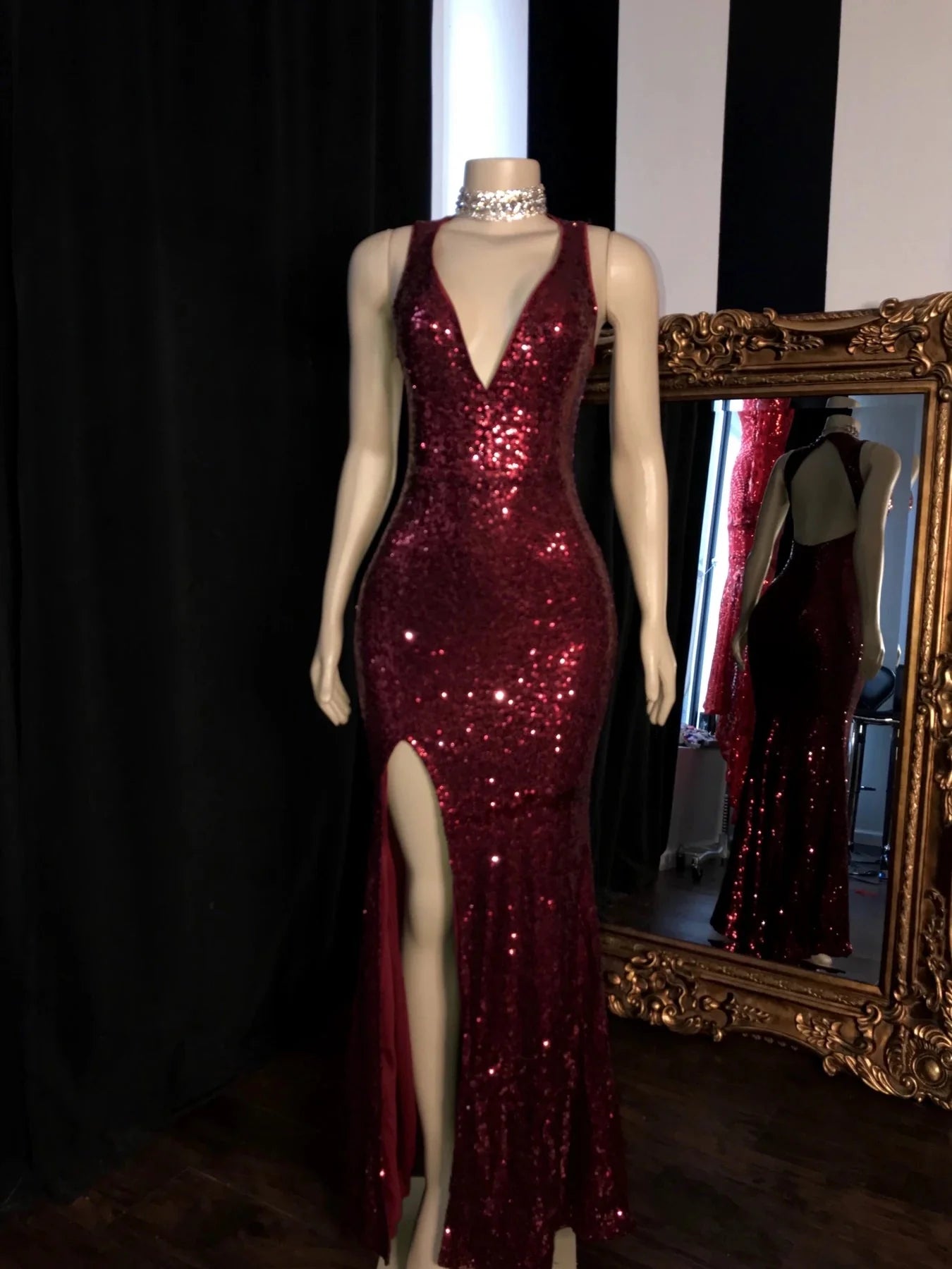 Off-the-Shoulder Long Mermaid Burgundy Sequin Prom Dresses Glitter Split Evening Gown
