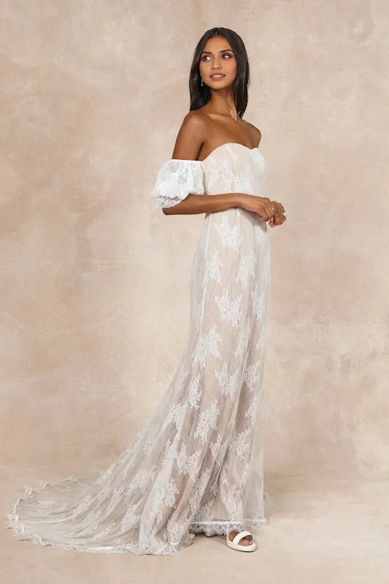 Xuewuba Wedding Dresses Loving Beauty White Lace Puff Sleeve Off-the-Shoulder Maxi Dress Formal Women's Dresses