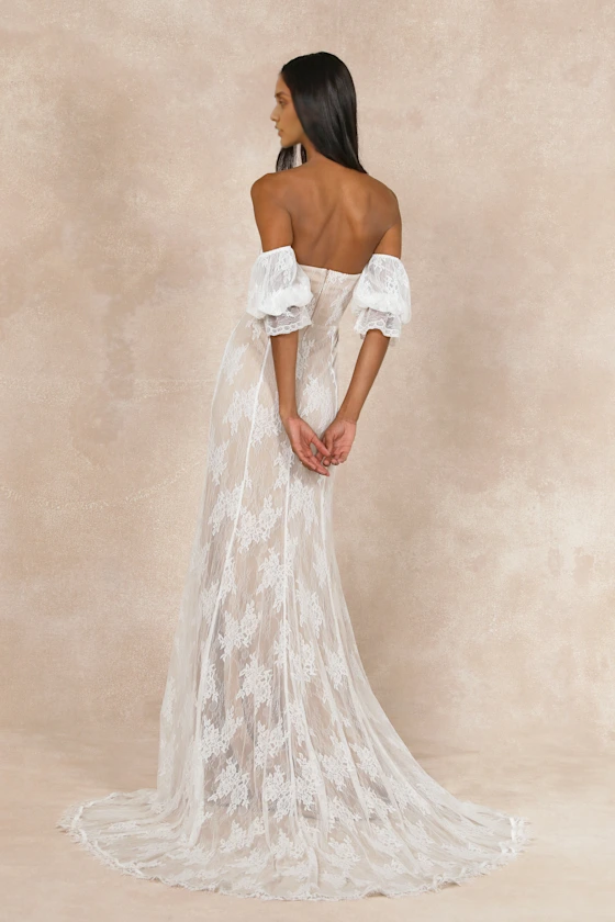 Xuewuba Wedding Dresses Loving Beauty White Lace Puff Sleeve Off-the-Shoulder Maxi Dress Formal Women's Dresses