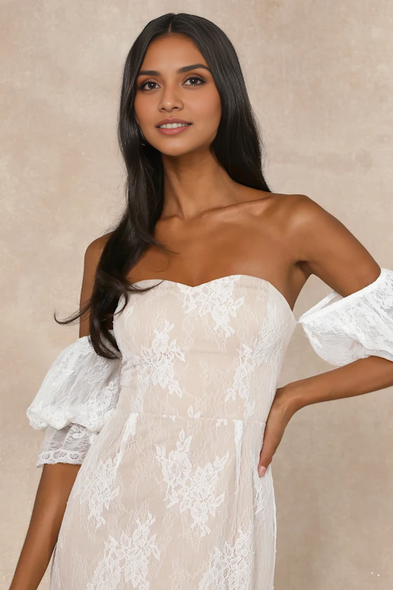 Xuewuba Wedding Dresses Loving Beauty White Lace Puff Sleeve Off-the-Shoulder Maxi Dress Formal Women's Dresses